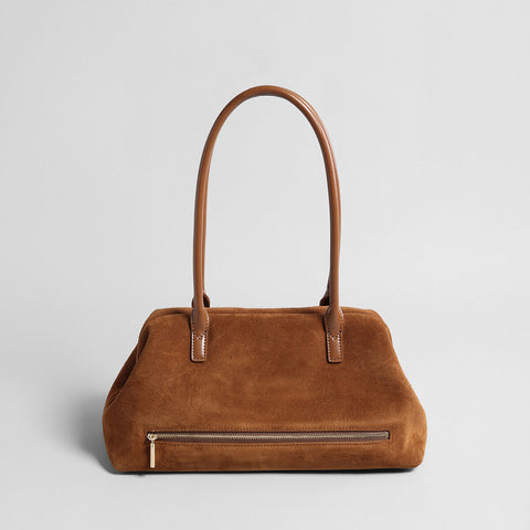Suede Leather Dome Shoulder Bag – Curved Zip Tote with Rolled Handles
