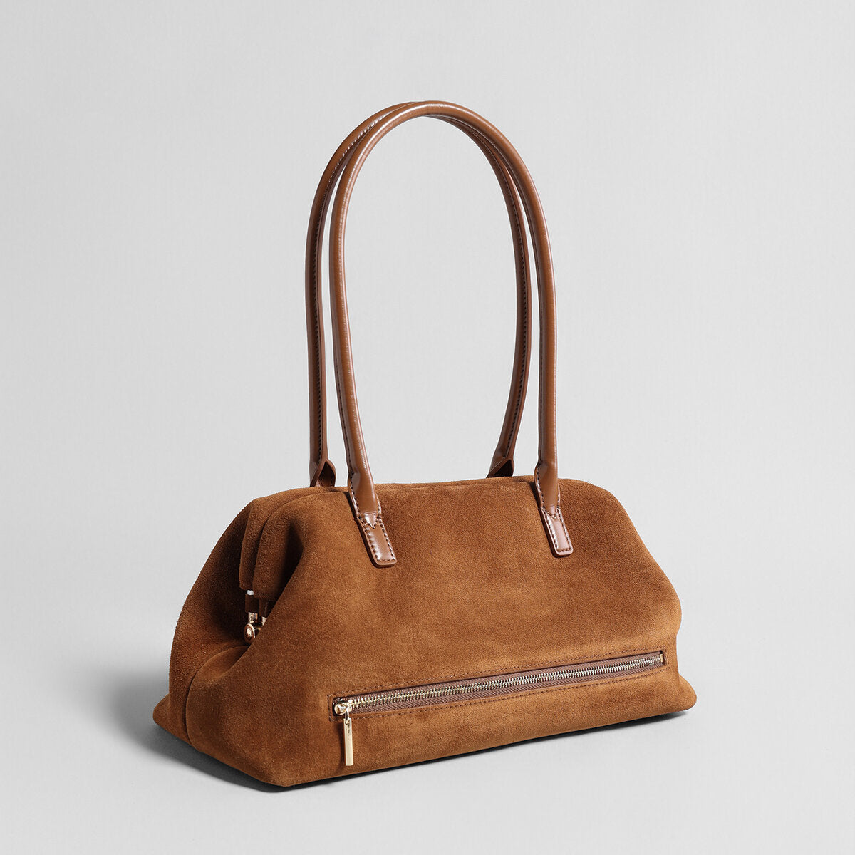 Suede Leather Dome Shoulder Bag – Curved Zip Tote with Rolled Handles
