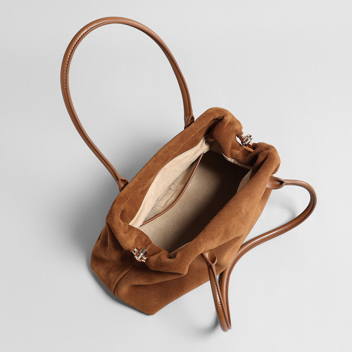 Suede Leather Dome Shoulder Bag – Curved Zip Tote with Rolled Handles