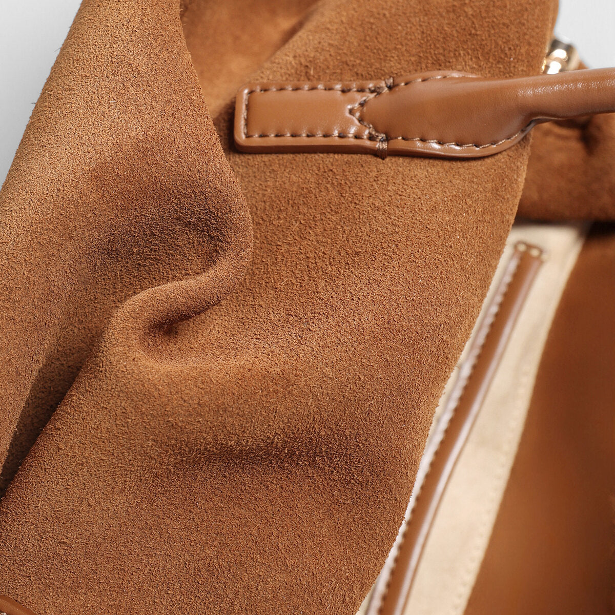 Suede Leather Dome Shoulder Bag – Curved Zip Tote with Rolled Handles