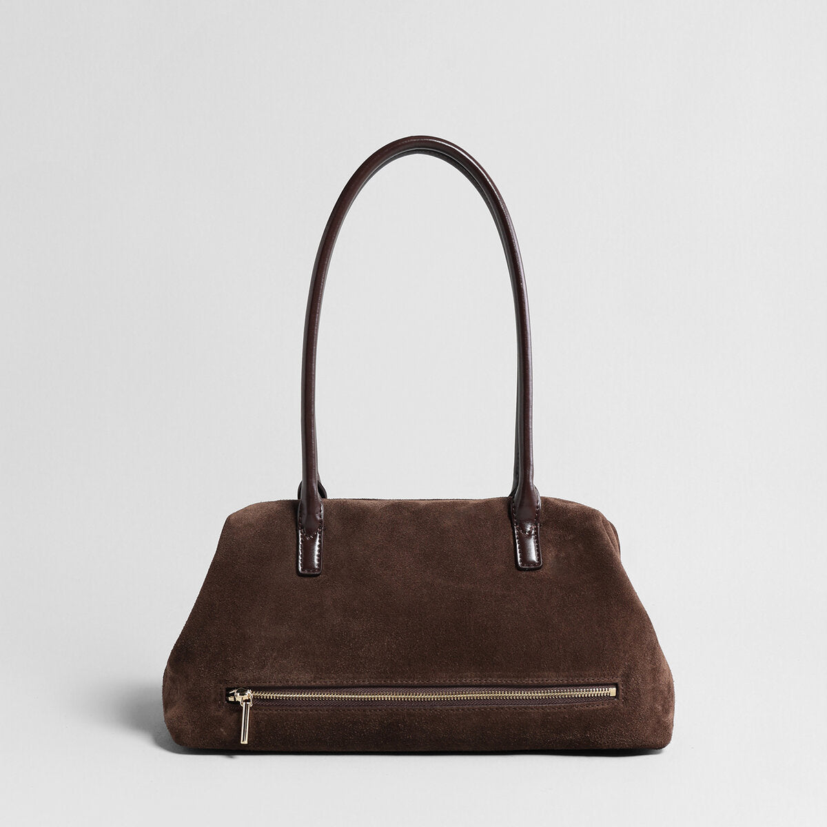 Suede Leather Dome Shoulder Bag – Curved Zip Tote with Rolled Handles