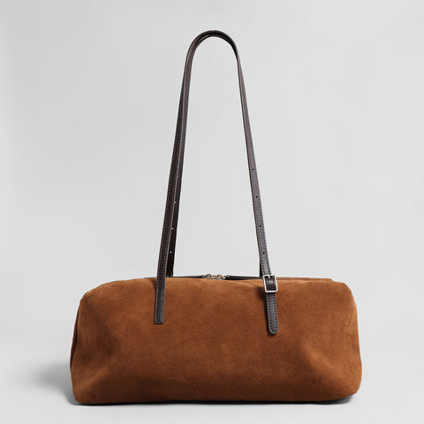 Suede Leather East-West Bowling Bag – Structured Shoulder Bag with Adjustable Buckle Straps