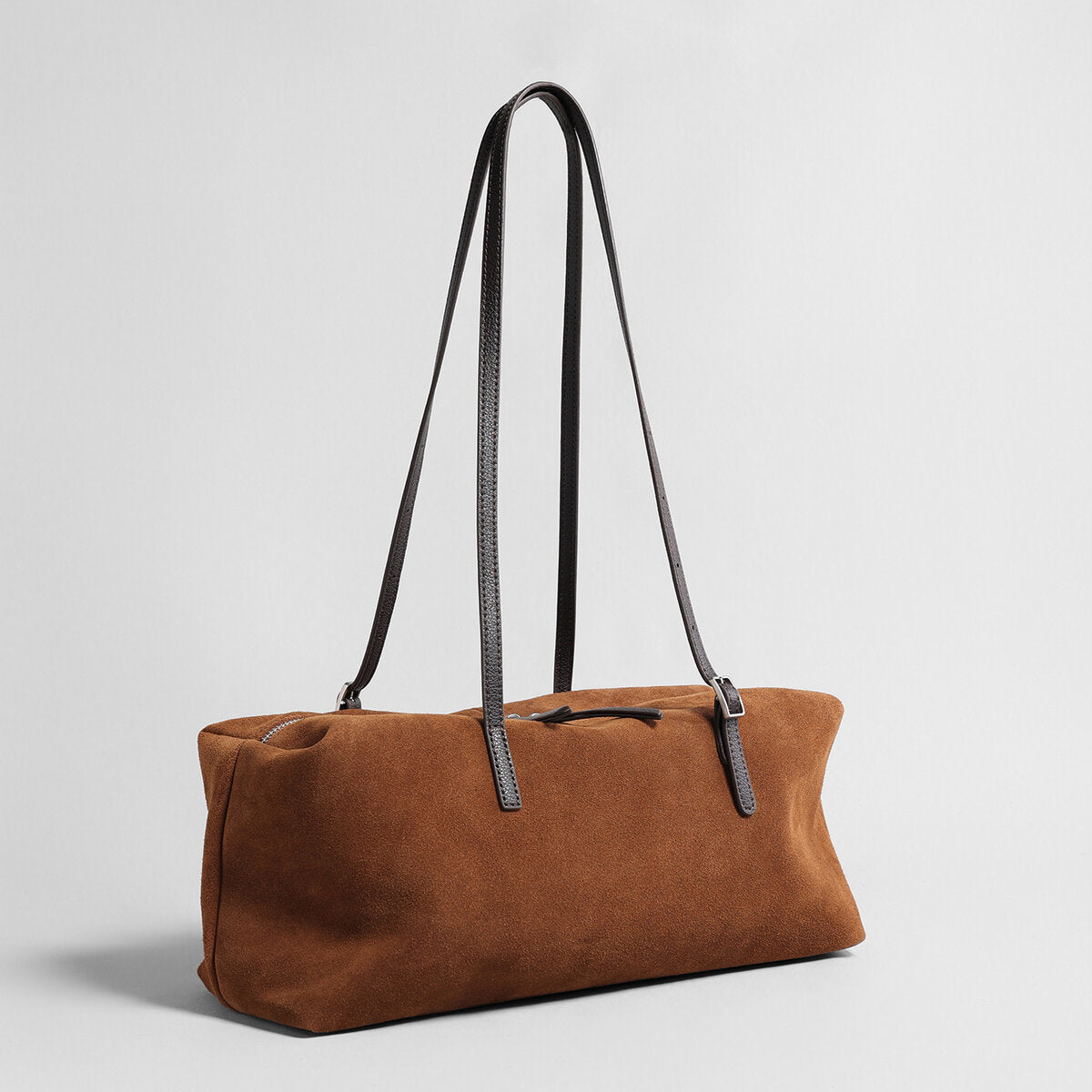 Suede Leather East-West Bowling Bag – Structured Shoulder Bag with Adjustable Buckle Straps