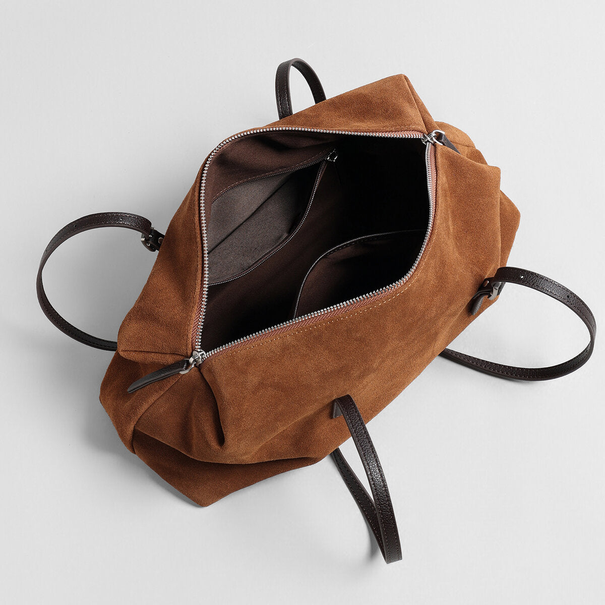 Suede Leather East-West Bowling Bag – Structured Shoulder Bag with Adjustable Buckle Straps