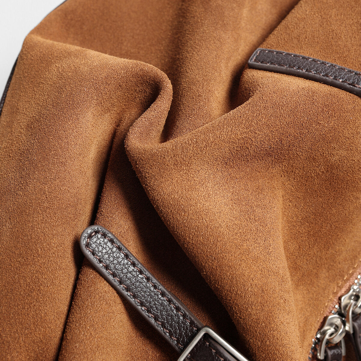 Suede Leather East-West Bowling Bag – Structured Shoulder Bag with Adjustable Buckle Straps