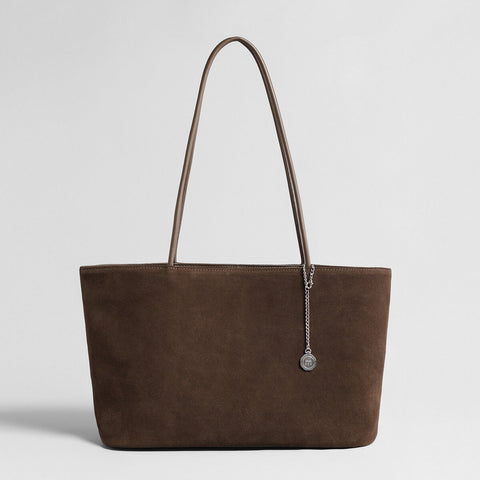 Suede Leather Large Tote Bag – Open-Top Shoulder Tote with Chain Coin Charm