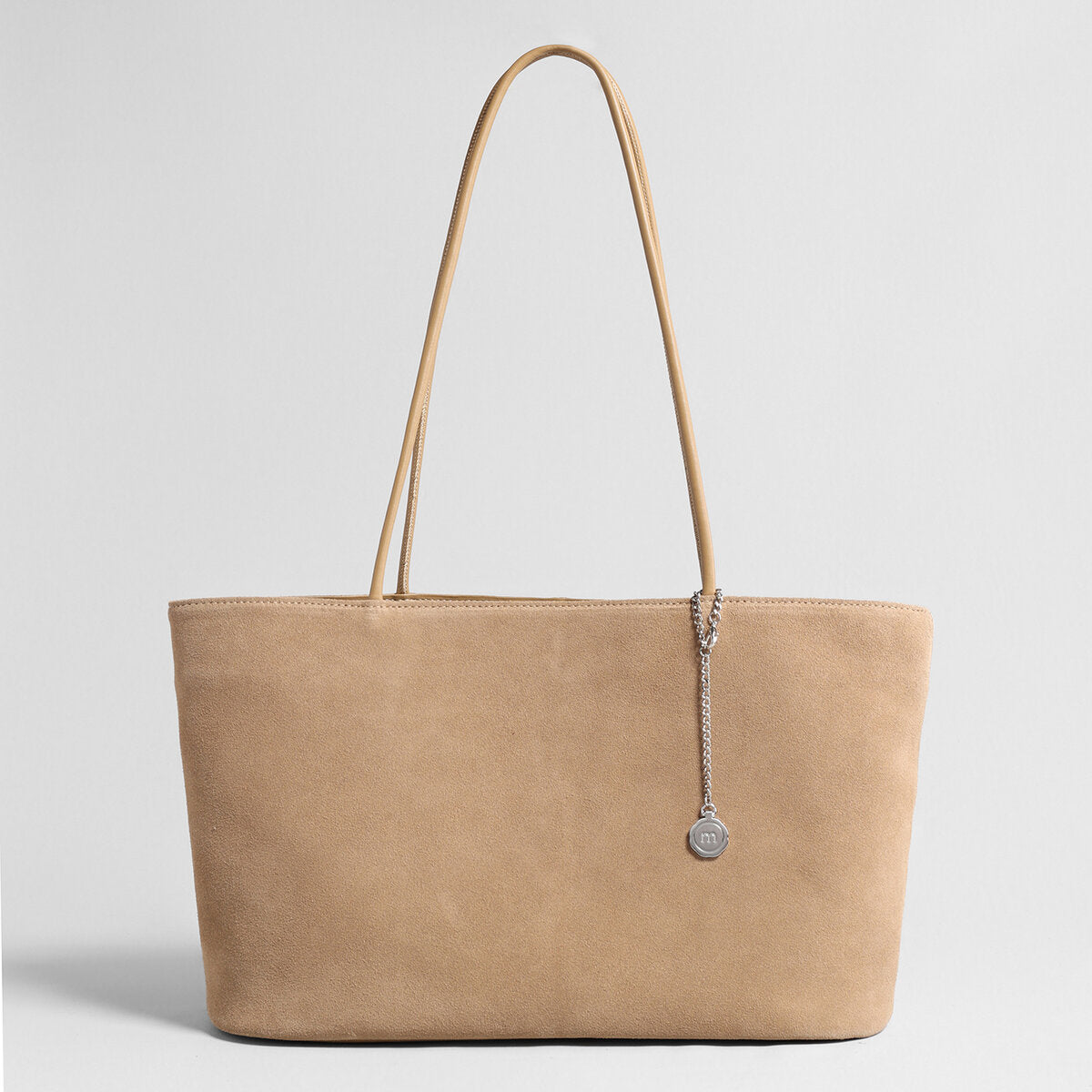 Suede Leather Large Tote Bag – Open-Top Shoulder Tote with Chain Coin Charm