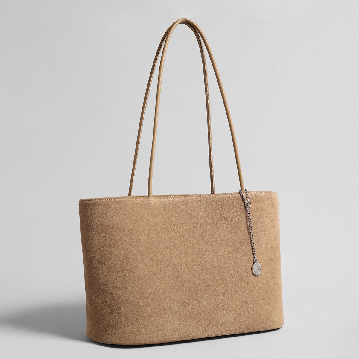 Suede Leather Large Tote Bag – Open-Top Shoulder Tote with Chain Coin Charm