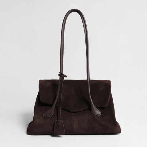 Suede Leather Oversized Tote Bag – Flap-Top Shoulder Bag with Knotted Handles