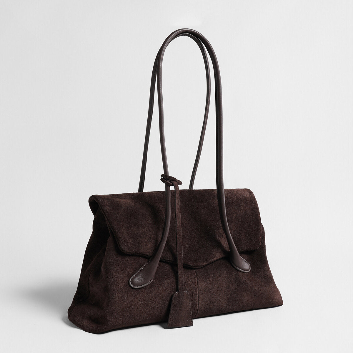 Suede Leather Oversized Tote Bag – Flap-Top Shoulder Bag with Knotted Handles