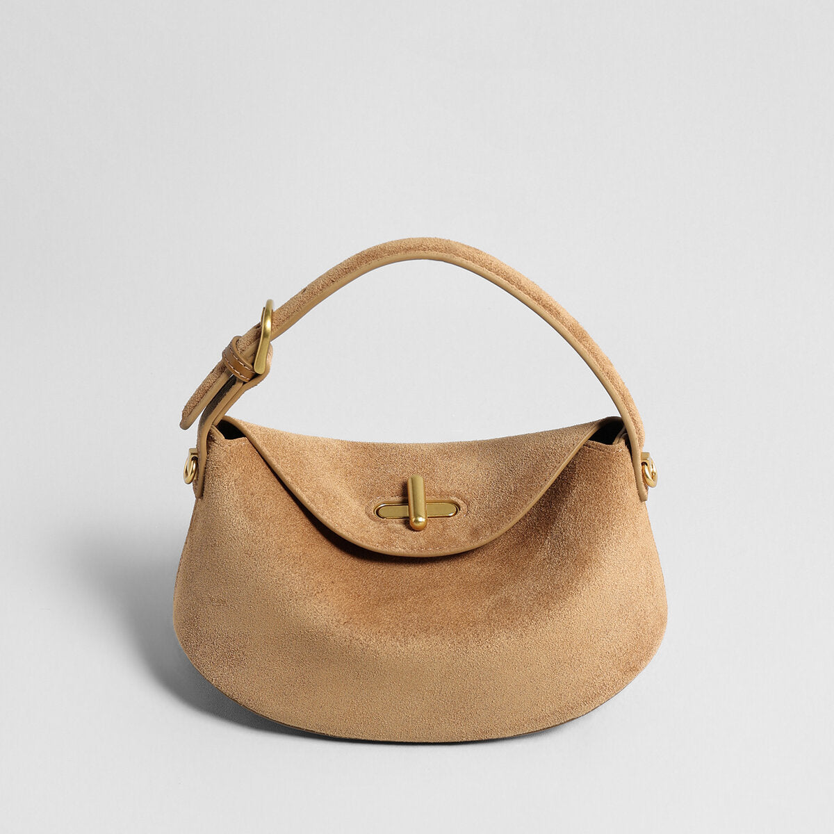 Suede Leather Pebble Top Handle Bag – Rounded Flap Crossbody with Gold Turn-Lock Closure
