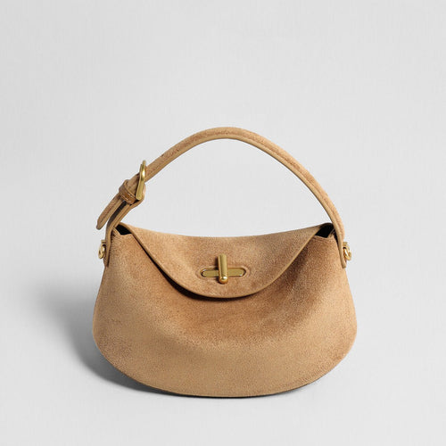 Suede Leather Pebble Top Handle Bag – Rounded Flap Crossbody with Gold Turn-Lock Closure