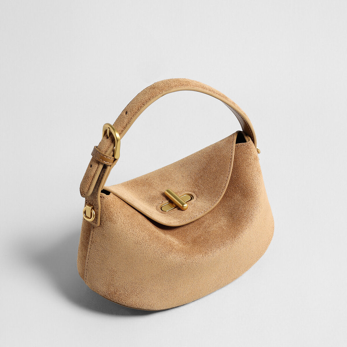 Suede Leather Pebble Top Handle Bag – Rounded Flap Crossbody with Gold Turn-Lock Closure