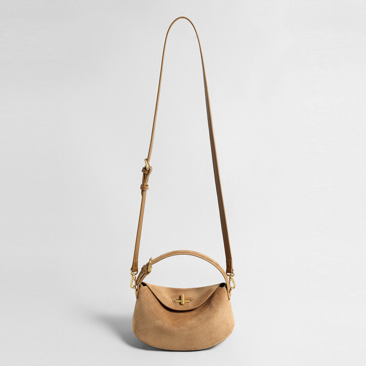 Suede Leather Pebble Top Handle Bag – Rounded Flap Crossbody with Gold Turn-Lock Closure