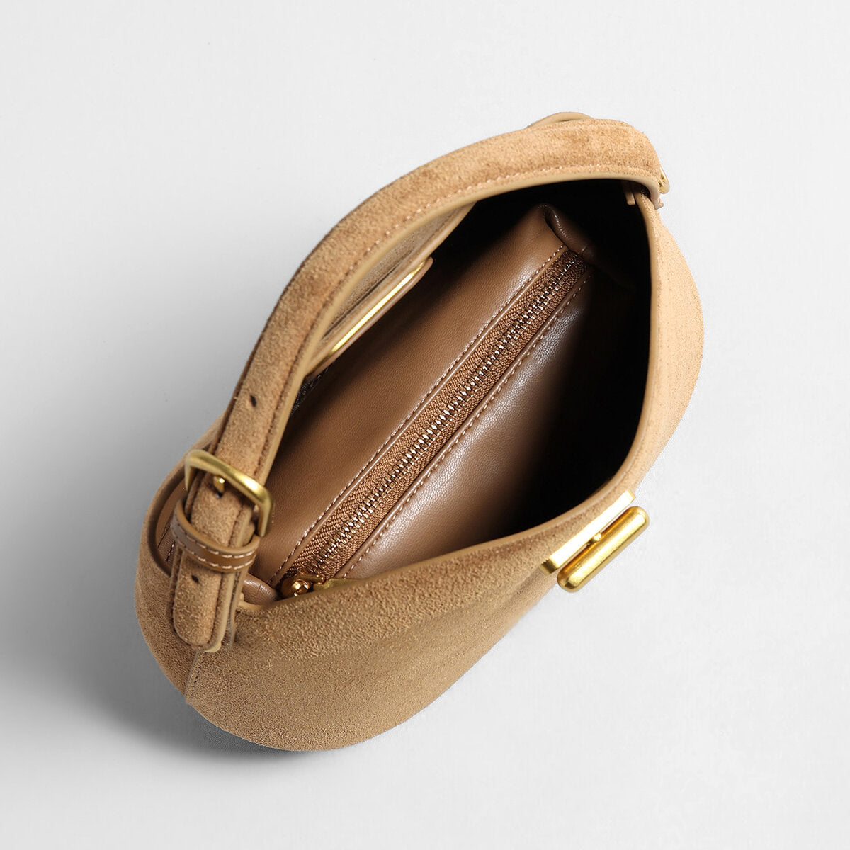 Suede Leather Pebble Top Handle Bag – Rounded Flap Crossbody with Gold Turn-Lock Closure