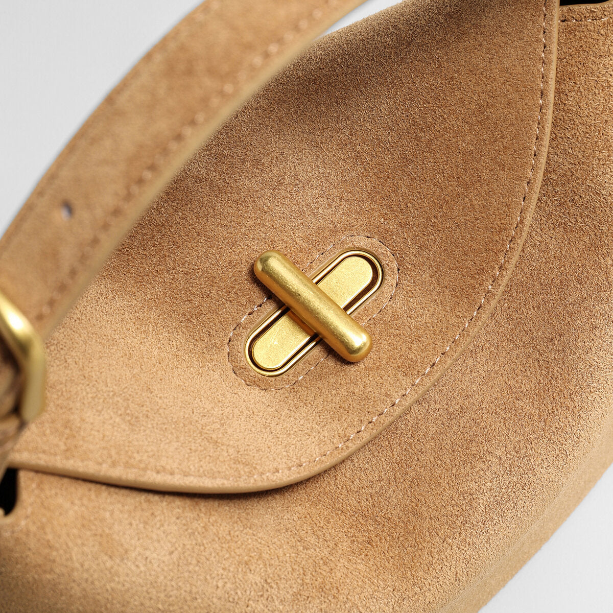 Suede Leather Pebble Top Handle Bag – Rounded Flap Crossbody with Gold Turn-Lock Closure