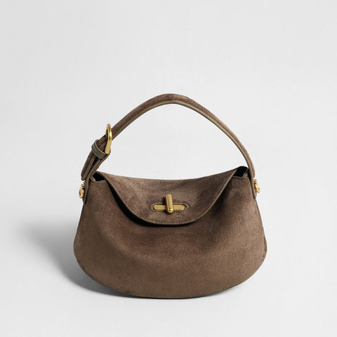 Suede Leather Pebble Top Handle Bag – Rounded Flap Crossbody with Gold Turn-Lock Closure