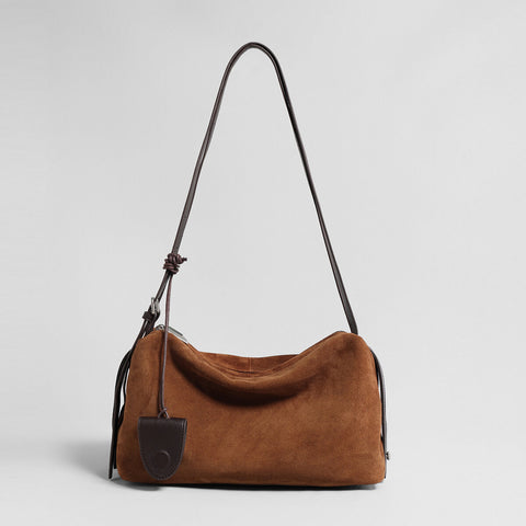 Suede Leather Slouchy Pillow Shoulder Bag – Dual-Zip Hobo with Knotted Strap