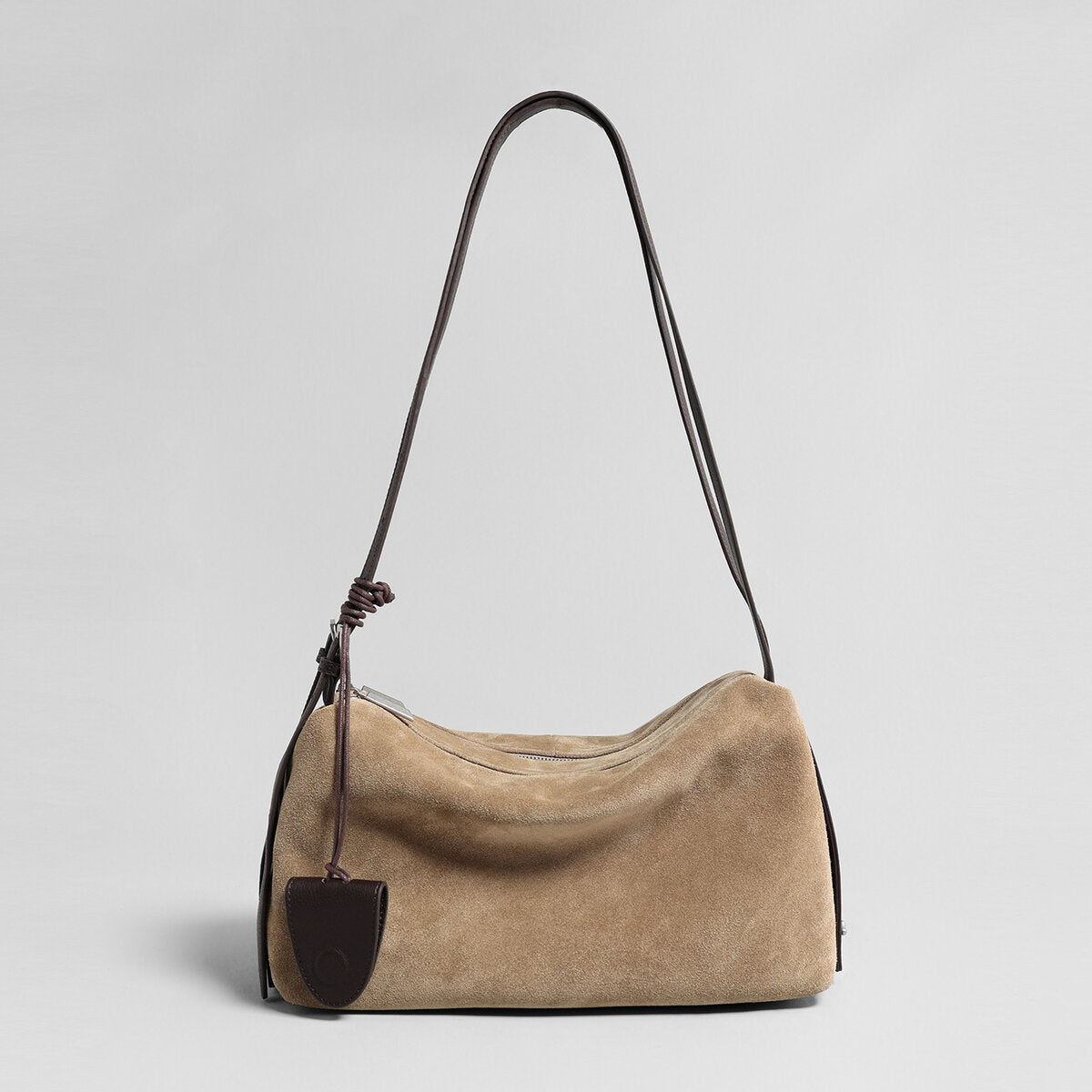 Suede Leather Slouchy Pillow Shoulder Bag – Dual-Zip Hobo with Knotted Strap