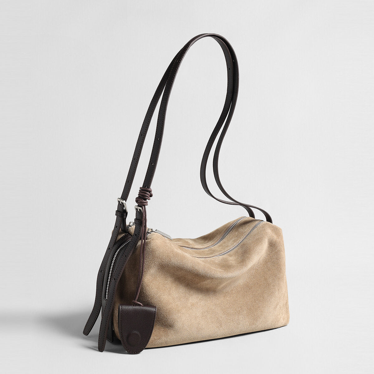 Suede Leather Slouchy Pillow Shoulder Bag – Dual-Zip Hobo with Knotted Strap