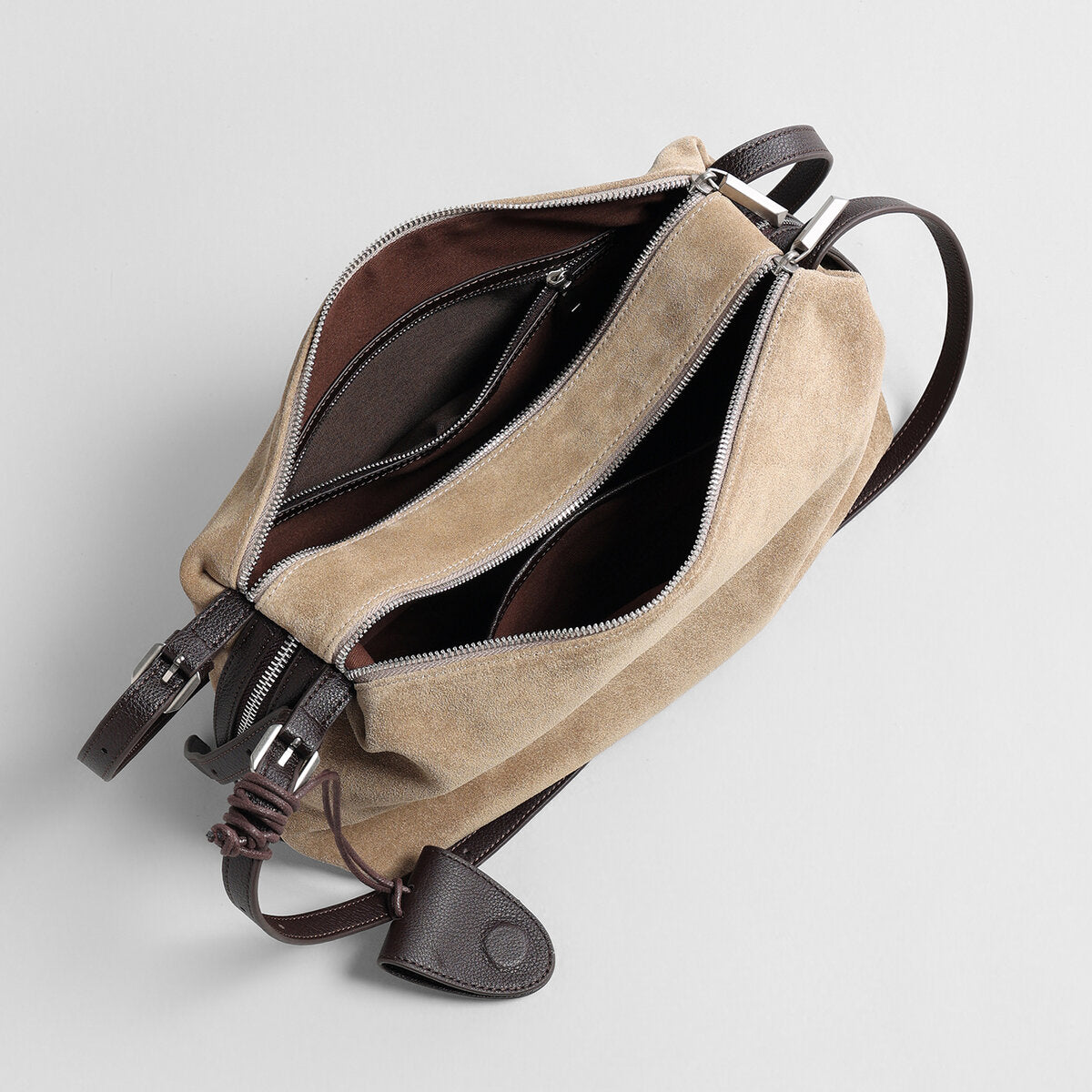 Suede Leather Slouchy Pillow Shoulder Bag – Dual-Zip Hobo with Knotted Strap