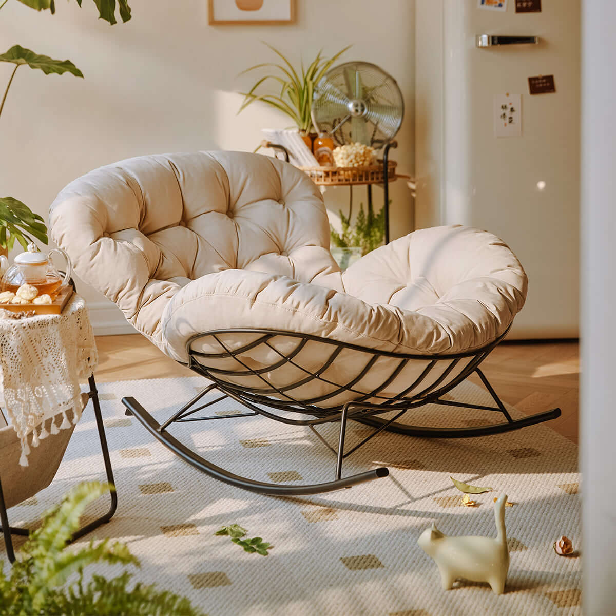 suede leather reclining lazy rocking chair beige 2