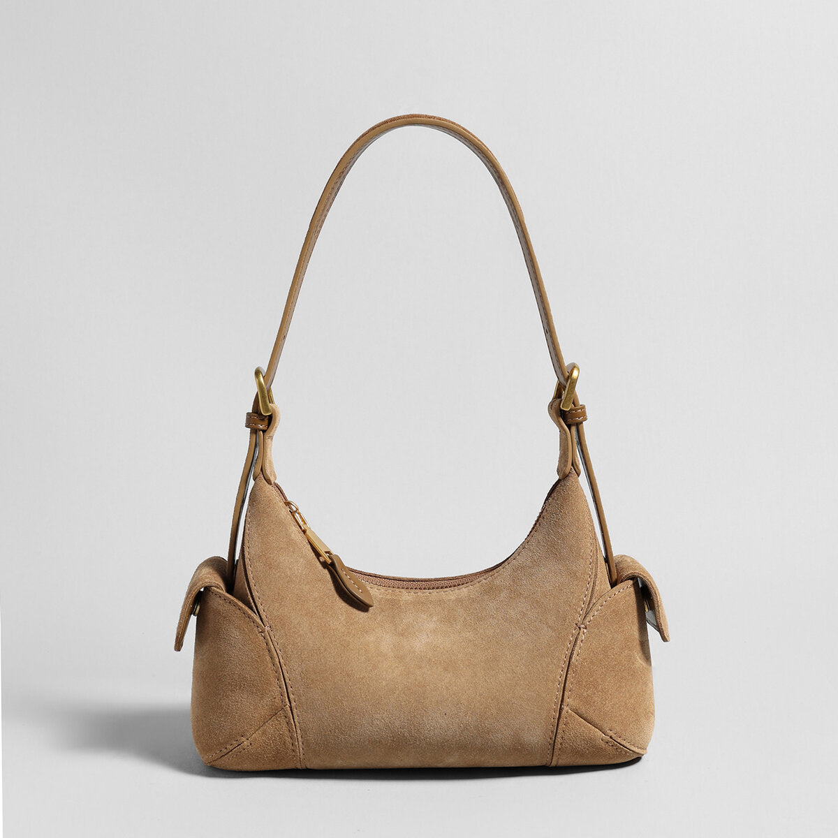 Suede Leather Retro Underarm Bag – Curved Crescent Silhouette with Side Flap Pockets