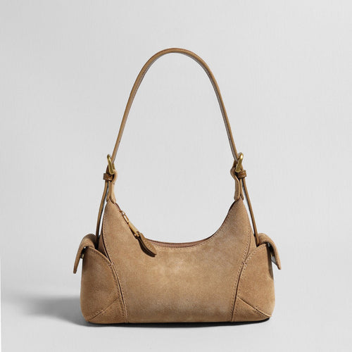 Suede Leather Retro Underarm Bag – Curved Crescent Silhouette with Side Flap Pockets