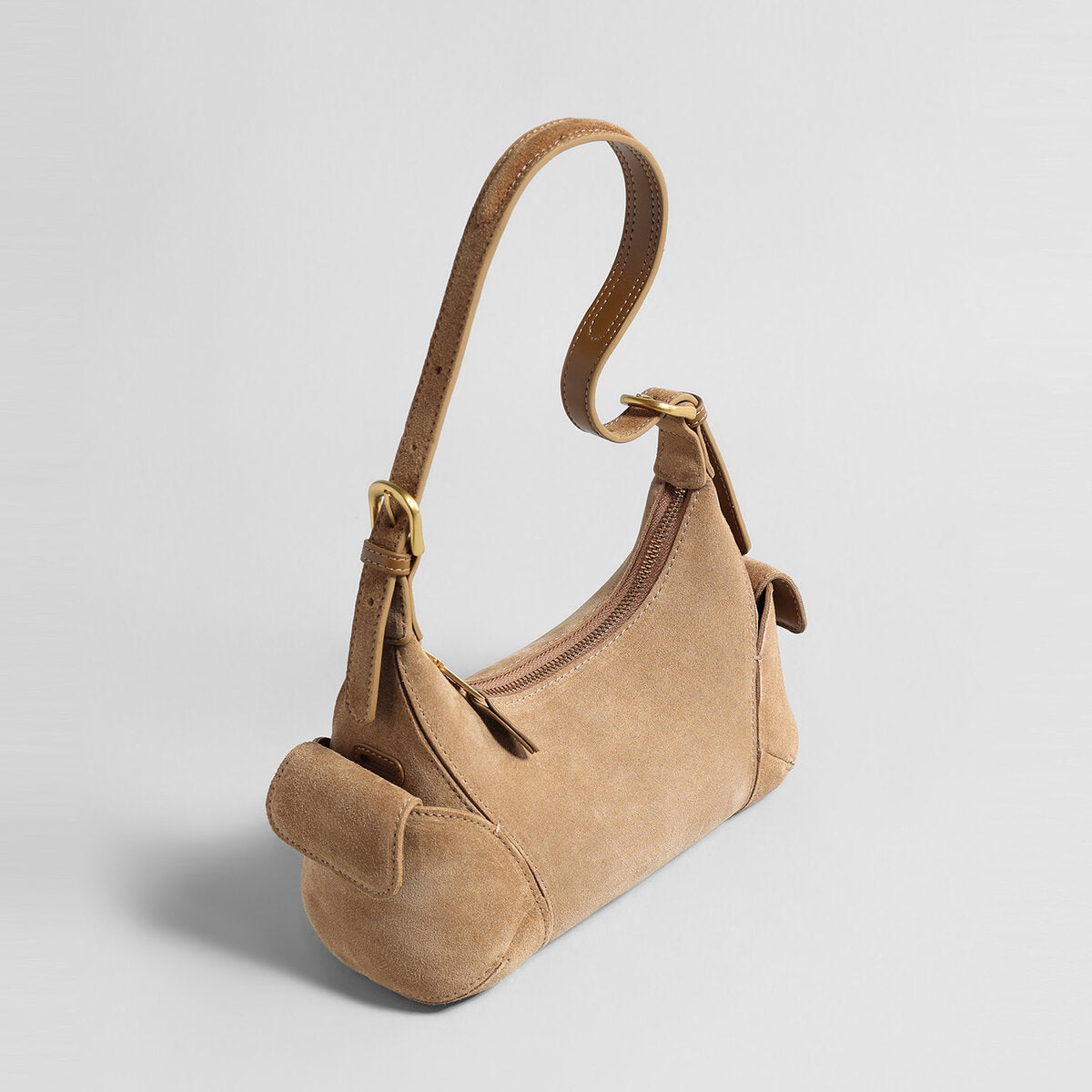 Suede Leather Retro Underarm Bag – Curved Crescent Silhouette with Side Flap Pockets