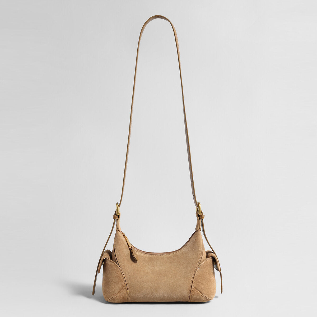 Suede Leather Retro Underarm Bag – Curved Crescent Silhouette with Side Flap Pockets