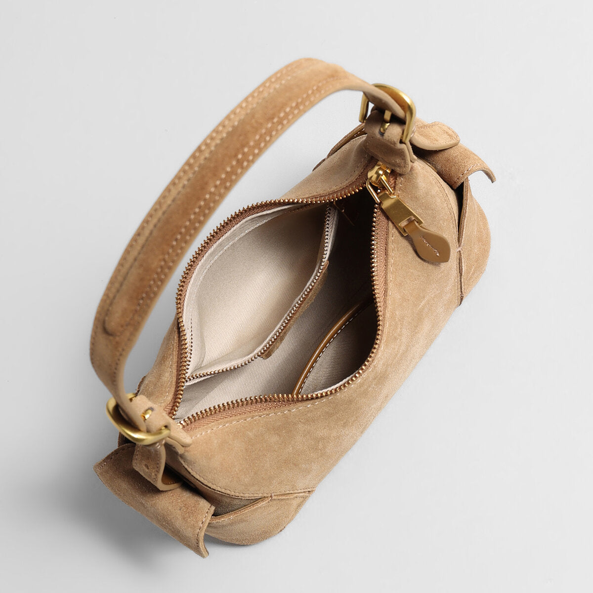 Suede Leather Retro Underarm Bag – Curved Crescent Silhouette with Side Flap Pockets