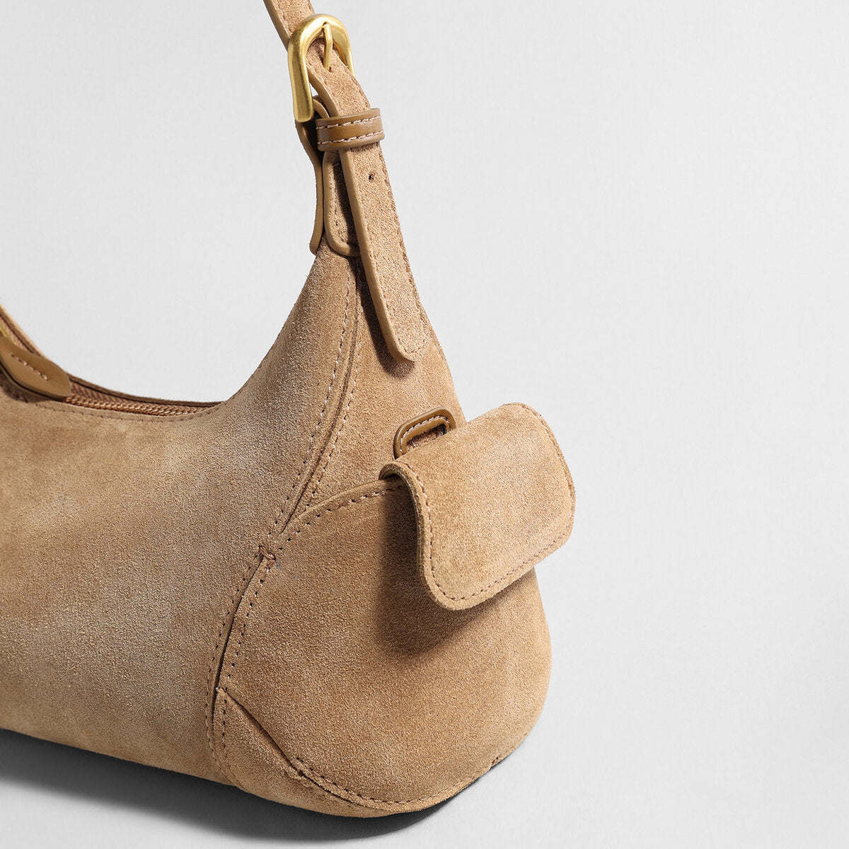 Suede Leather Retro Underarm Bag – Curved Crescent Silhouette with Side Flap Pockets