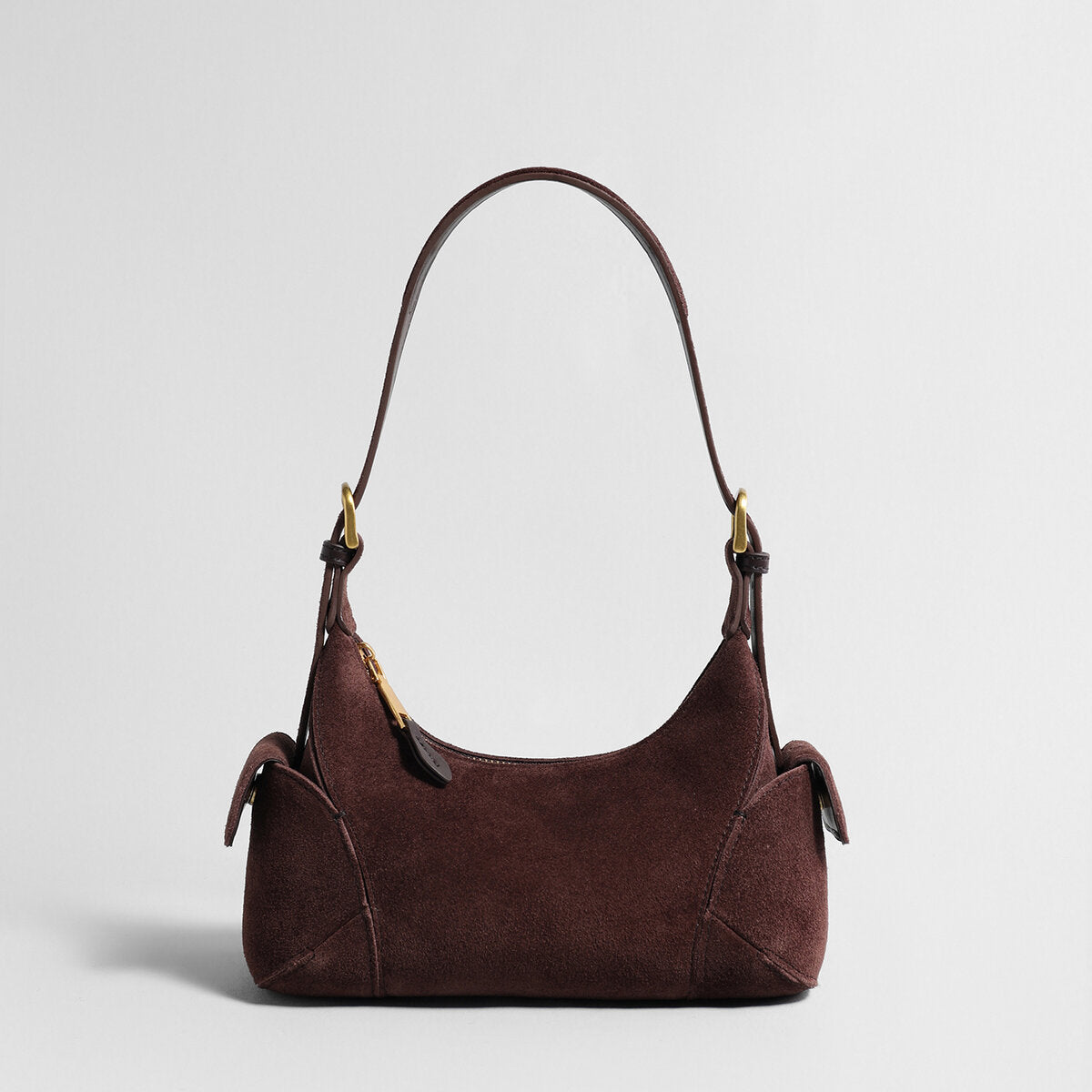 Suede Leather Retro Underarm Bag – Curved Crescent Silhouette with Side Flap Pockets