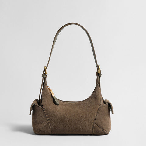 Suede Leather Retro Underarm Bag – Curved Crescent Silhouette with Side Flap Pockets