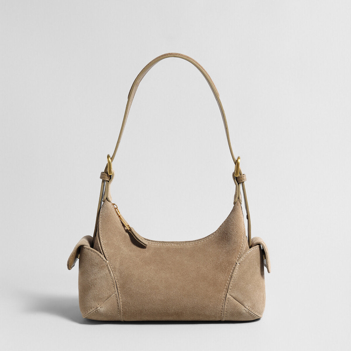 Suede Leather Retro Underarm Bag – Curved Crescent Silhouette with Side Flap Pockets