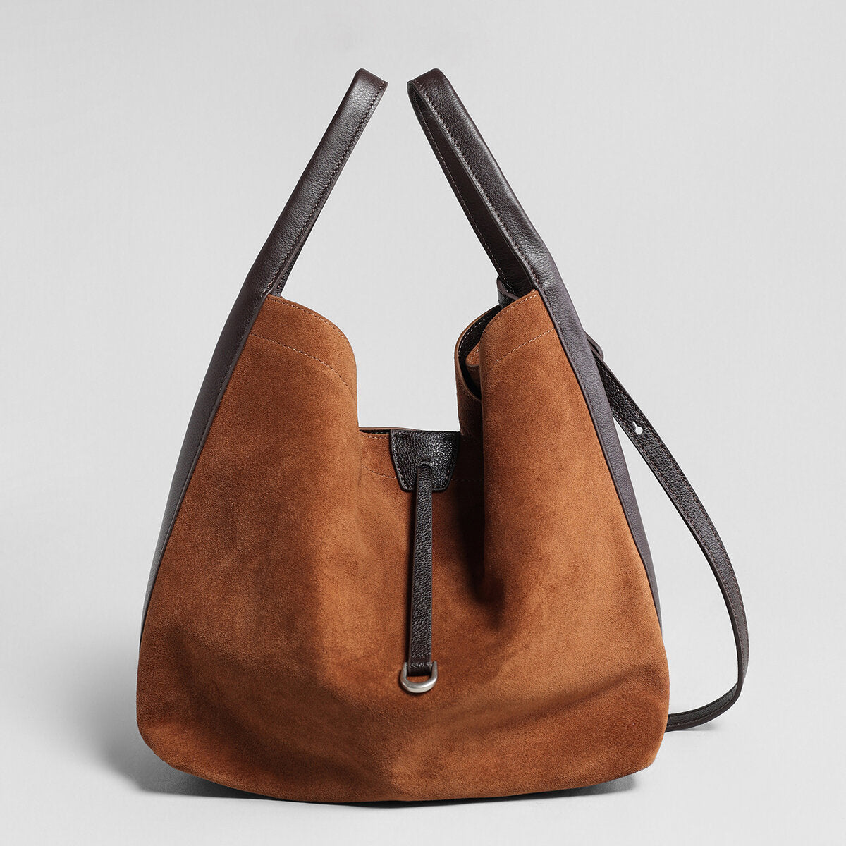 Suede Leather Slouchy Triangle Hobo Bag – Peaked Shoulder Tote with Removable Drawstring Pouch
