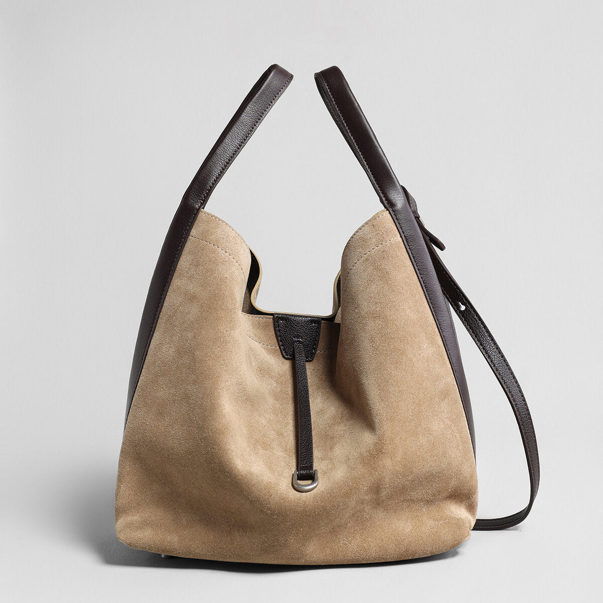 Suede Leather Slouchy Triangle Hobo Bag – Peaked Shoulder Tote with Removable Drawstring Pouch