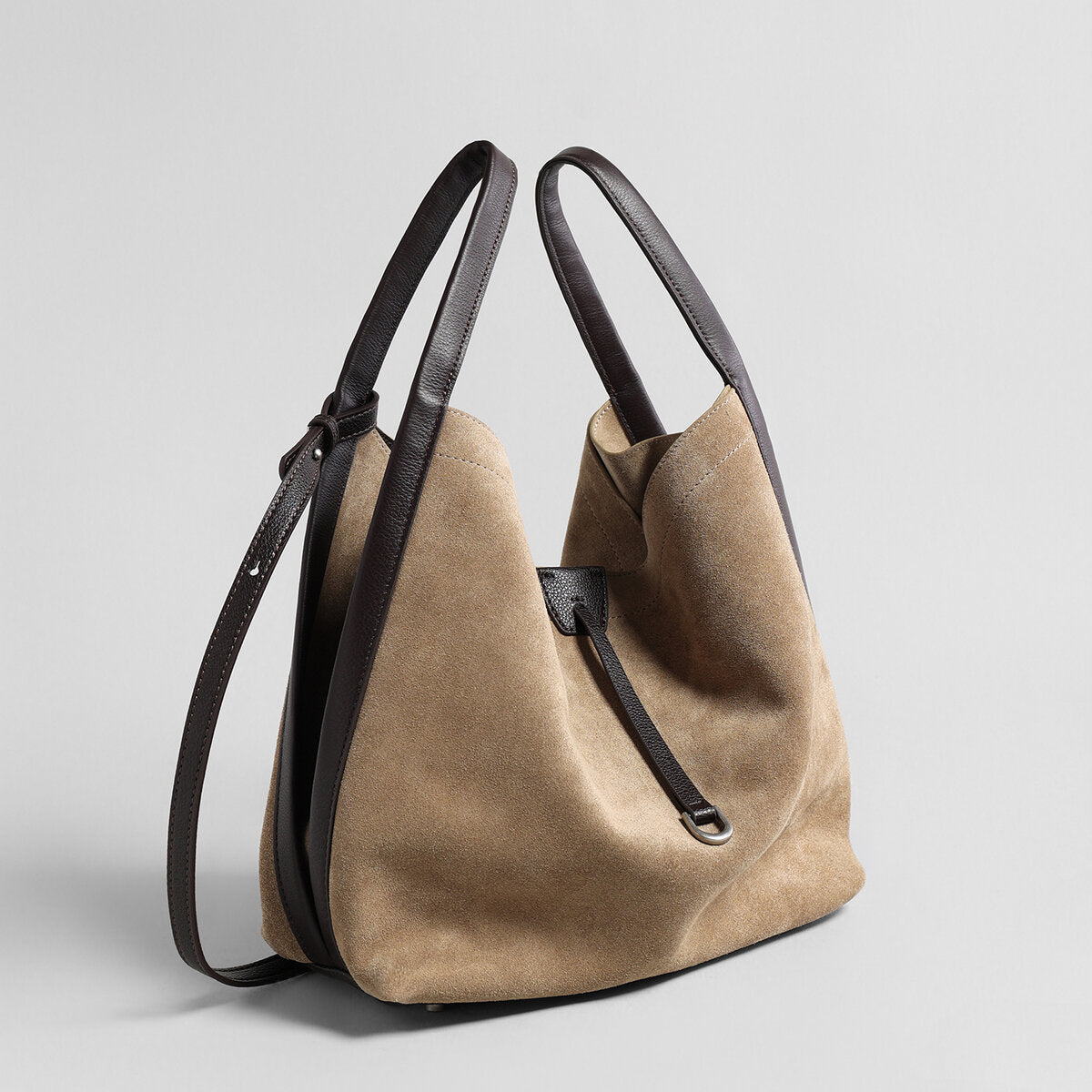 Suede Leather Slouchy Triangle Hobo Bag – Peaked Shoulder Tote with Removable Drawstring Pouch
