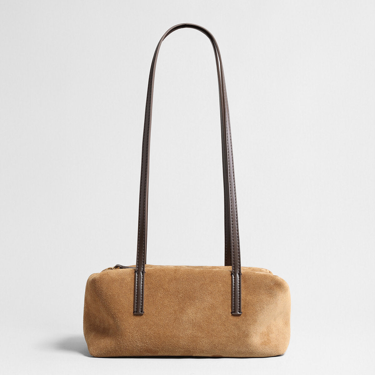 Suede Leather Structured Bowling Bag – Rectangular Zip-Top Shoulder Bag with Long Leather Handles