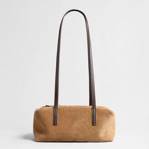 Suede Leather Structured Bowling Bag – Rectangular Zip-Top Shoulder Bag with Long Leather Handles