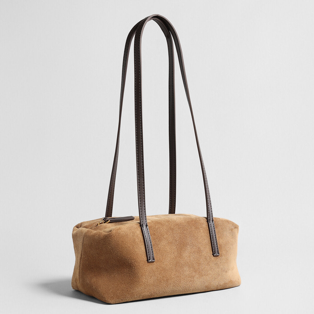 Suede Leather Structured Bowling Bag – Rectangular Zip-Top Shoulder Bag with Long Leather Handles