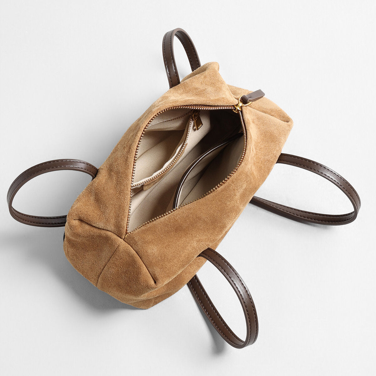 Suede Leather Structured Bowling Bag – Rectangular Zip-Top Shoulder Bag with Long Leather Handles