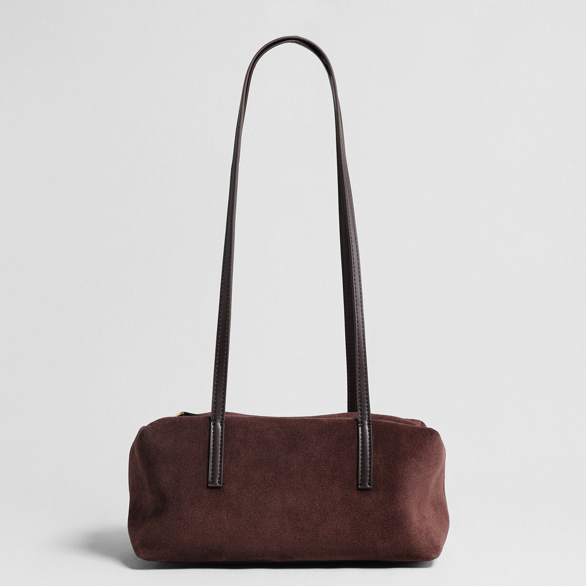 Suede Leather Structured Bowling Bag – Rectangular Zip-Top Shoulder Bag with Long Leather Handles
