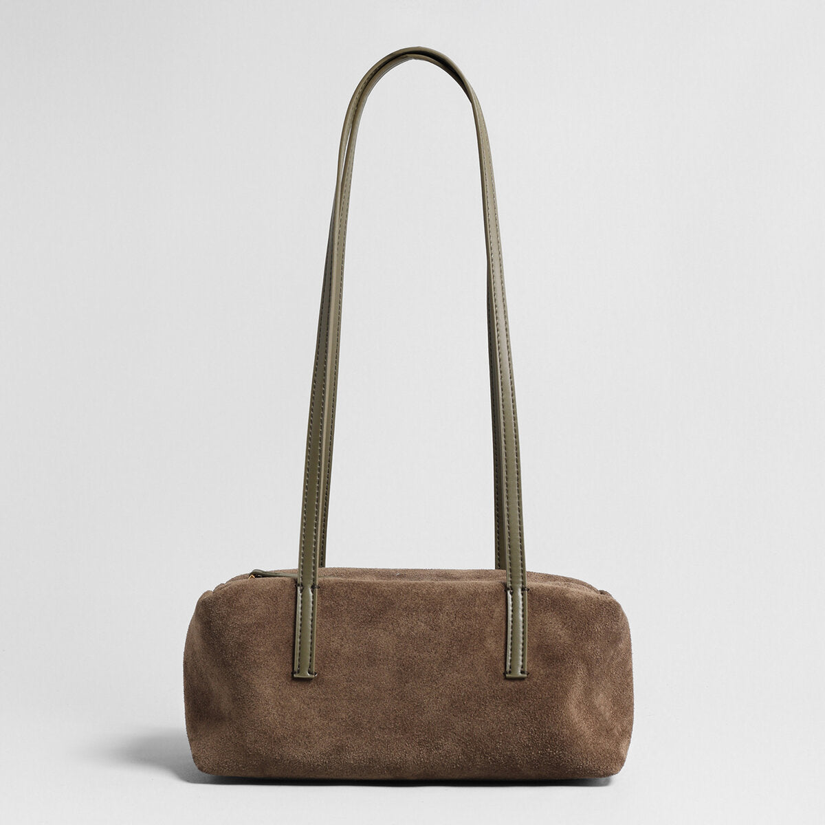 Suede Leather Structured Bowling Bag – Rectangular Zip-Top Shoulder Bag with Long Leather Handles