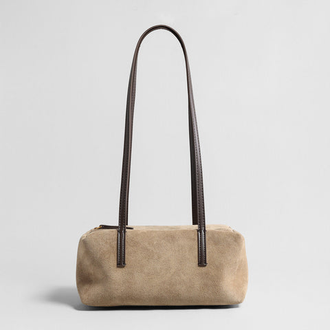 Suede Leather Structured Bowling Bag – Rectangular Zip-Top Shoulder Bag with Long Leather Handles