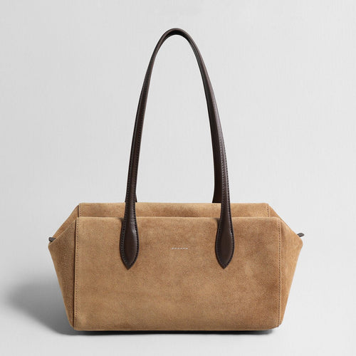 Suede Leather Structured Pillow Tote Bag – Continuous Leather Strap Design with Reinforced Base