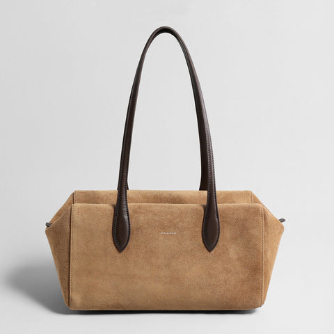 Suede Leather Structured Pillow Tote Bag – Continuous Leather Strap Design with Reinforced Base