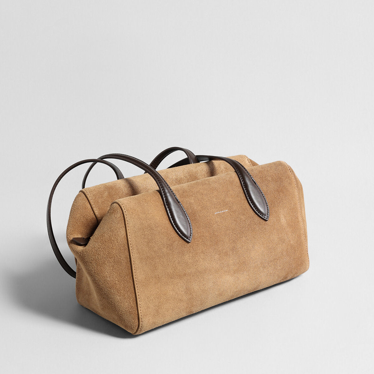 Suede Leather Structured Pillow Tote Bag – Continuous Leather Strap Design with Reinforced Base