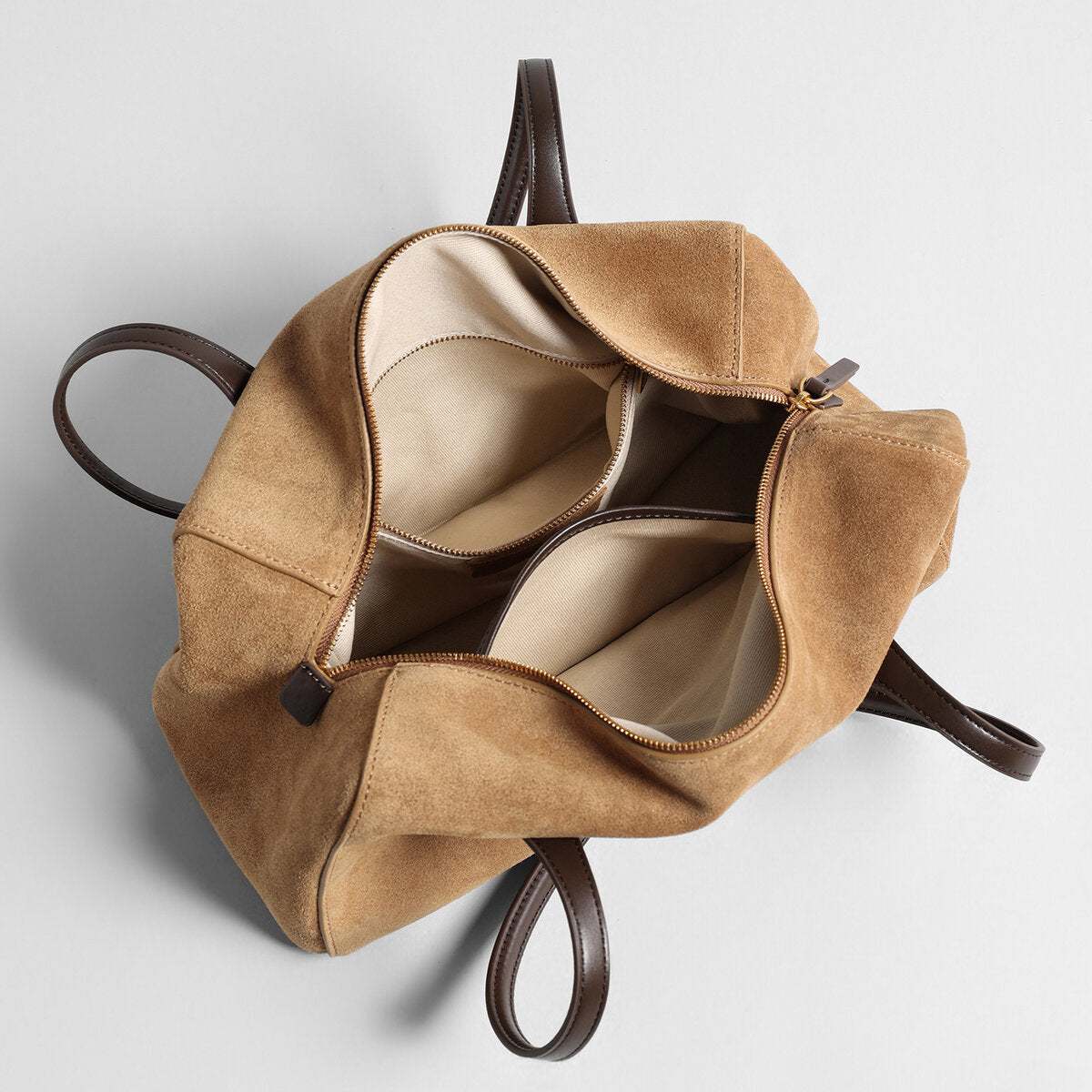 Suede Leather Structured Pillow Tote Bag – Continuous Leather Strap Design with Reinforced Base