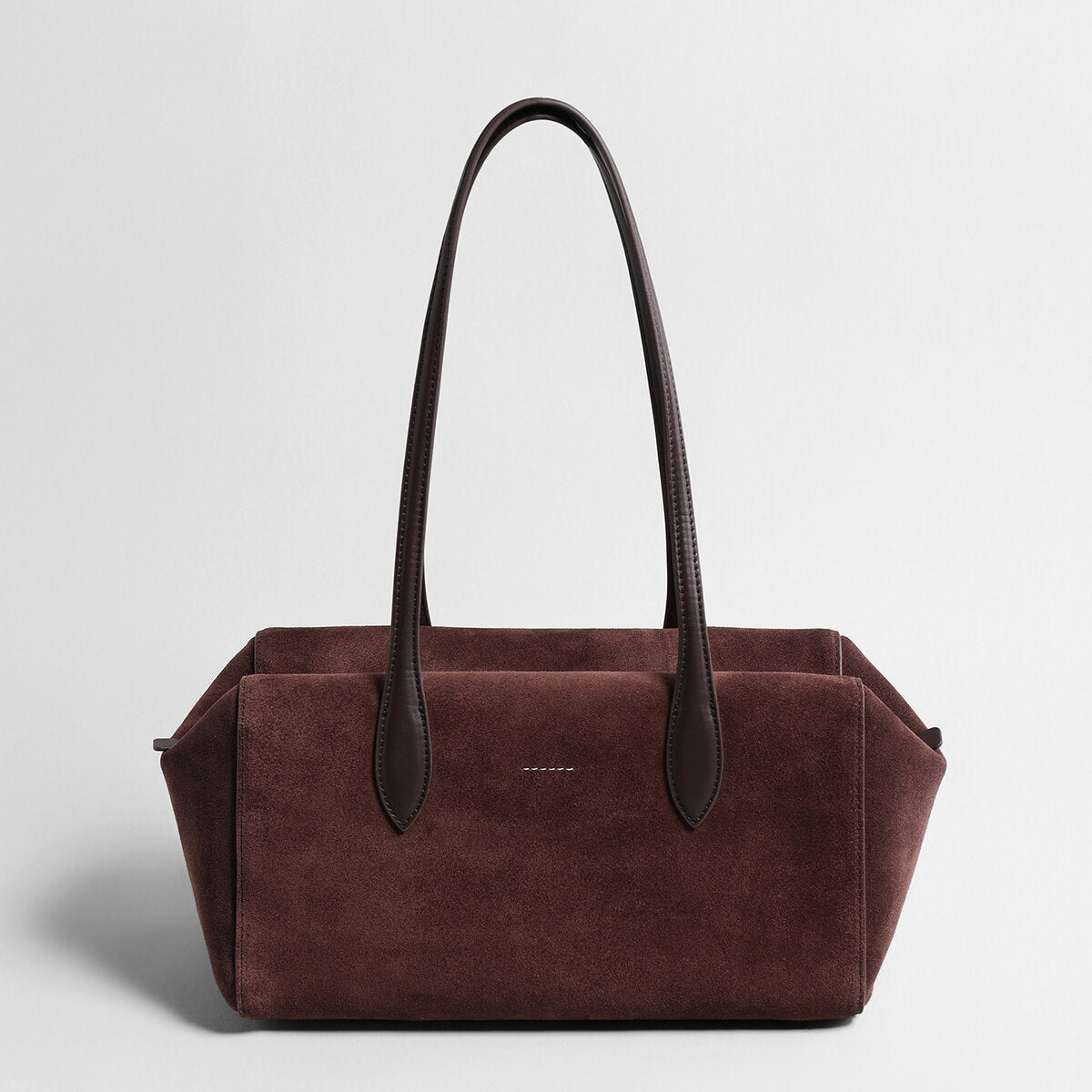 Suede Leather Structured Pillow Tote Bag – Continuous Leather Strap Design with Reinforced Base
